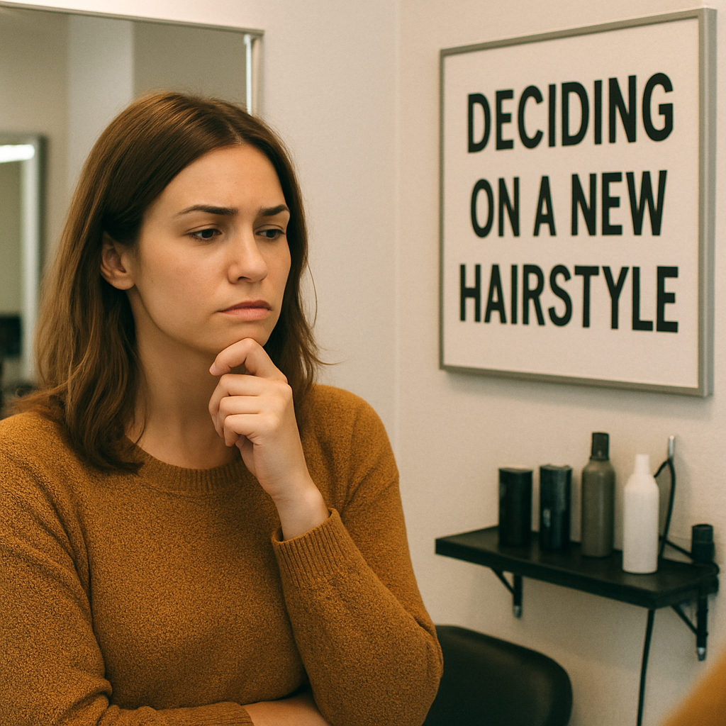 Woman thoughtfully looking at a salon mirror trying to decide on a new hairstyle in English