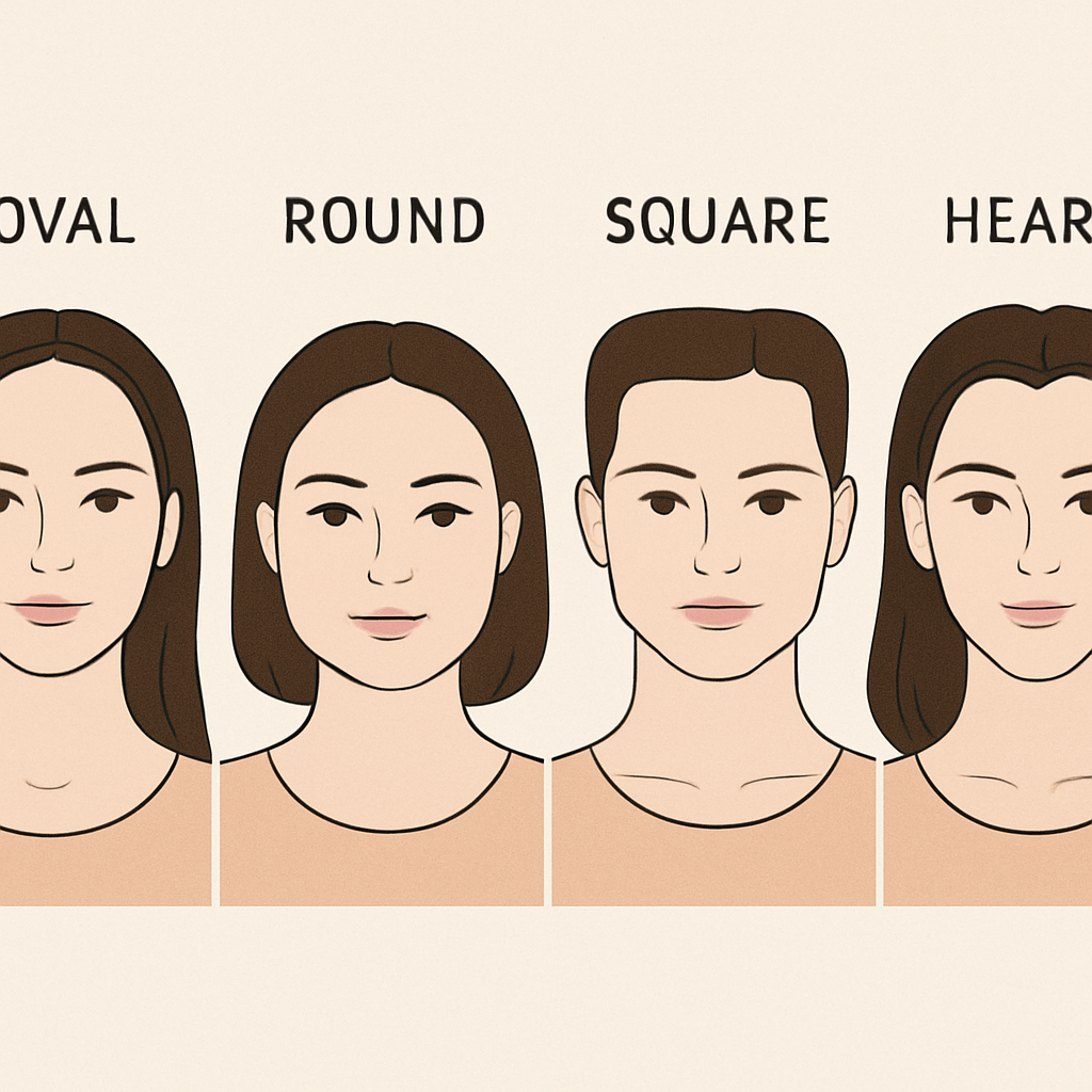 Illustration showing different women demonstrating oval, round, square, and heart face shapes in English