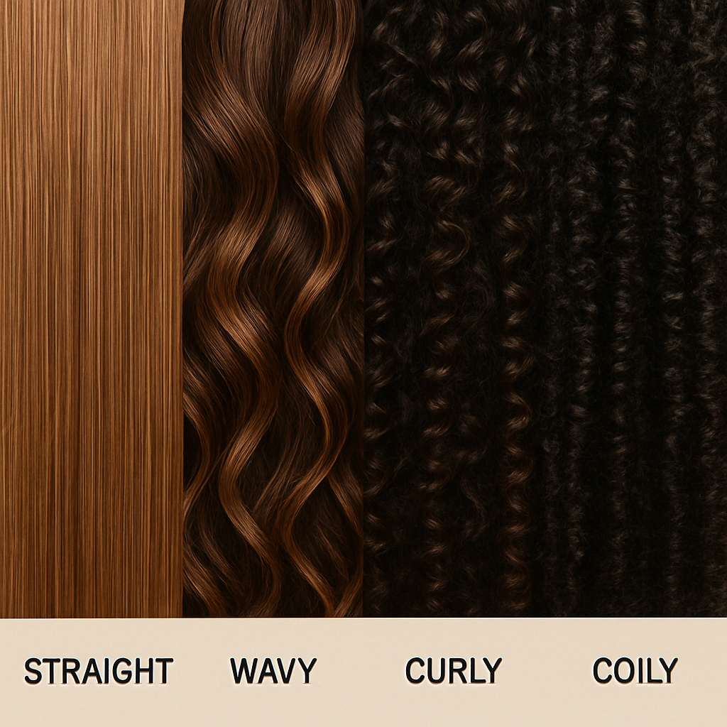 Close up of different natural hair textures including straight, wavy, curly, and coily hair in English