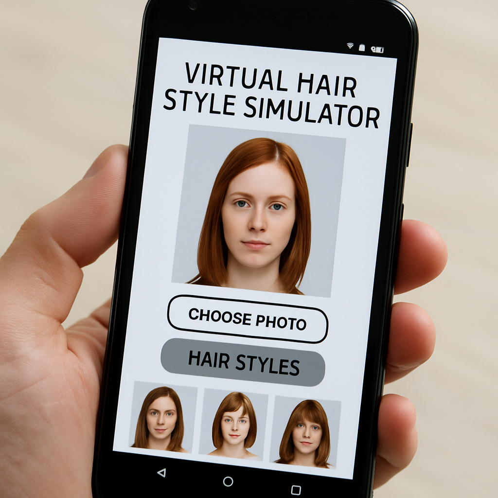A smartphone screen displaying a virtual hair style simulator app being used by a beginner in English
